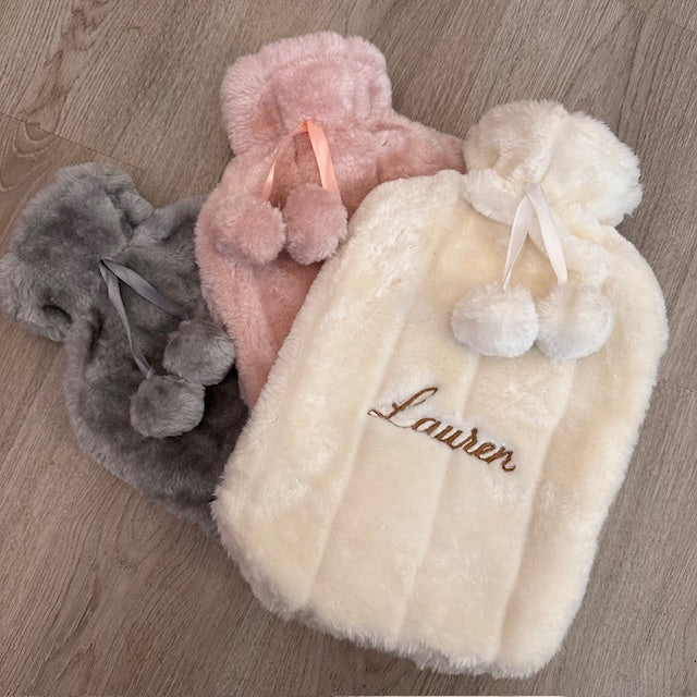 Faux Fur Hot Water Bottle with Pom Poms