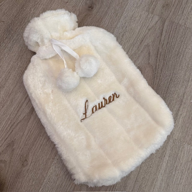 Faux Fur Hot Water Bottle with Pom Poms