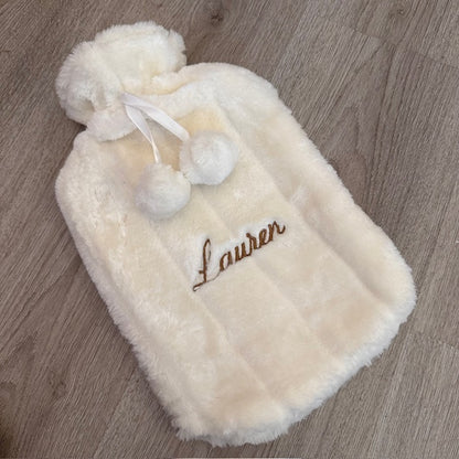 Faux Fur Hot Water Bottle with Pom Poms