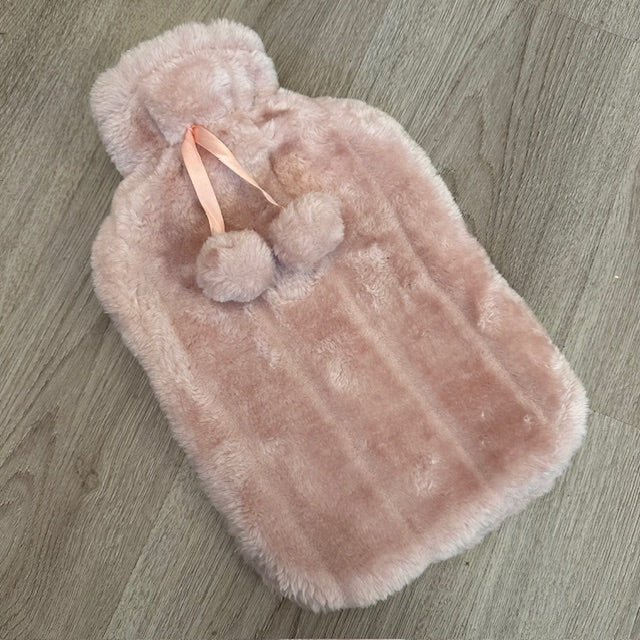 Faux Fur Hot Water Bottle with Pom Poms