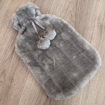 Faux Fur Hot Water Bottle with Pom Poms
