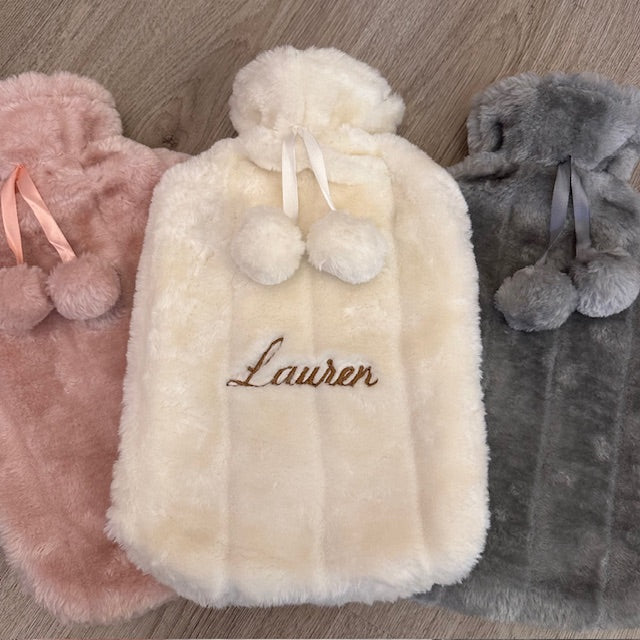Faux Fur Hot Water Bottle with Pom Poms