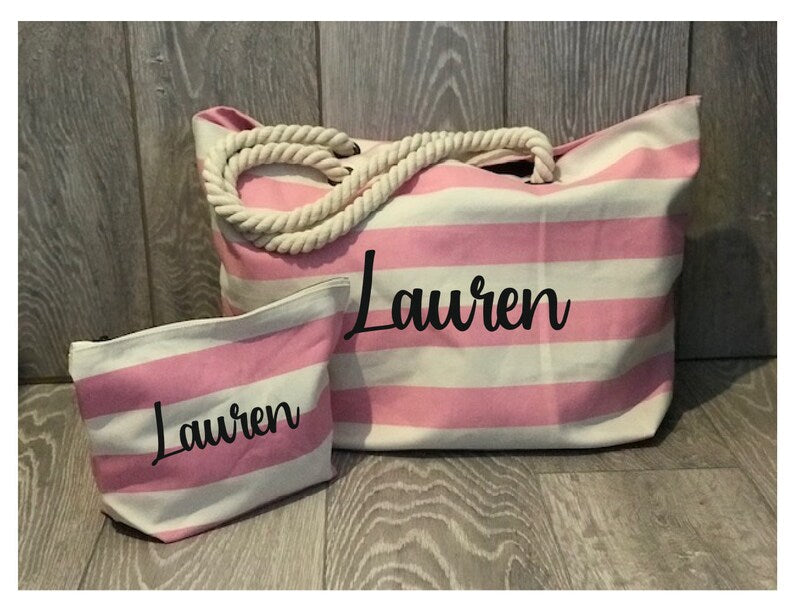 Stripped Canvas Beach Bag & Accessory Bag