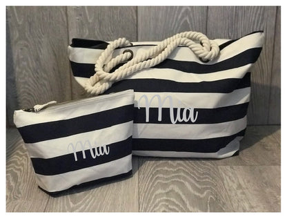 Stripped Canvas Beach Bag & Accessory Bag