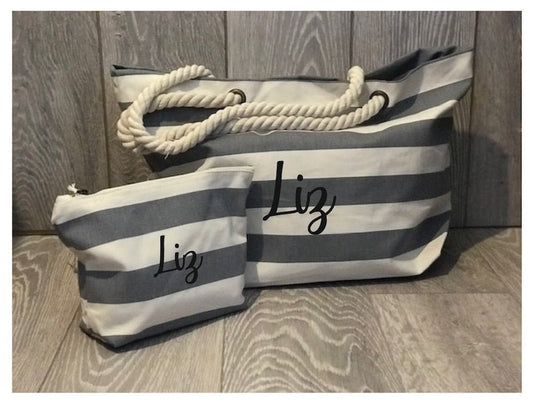 Stripped Canvas Beach Bag & Accessory Bag